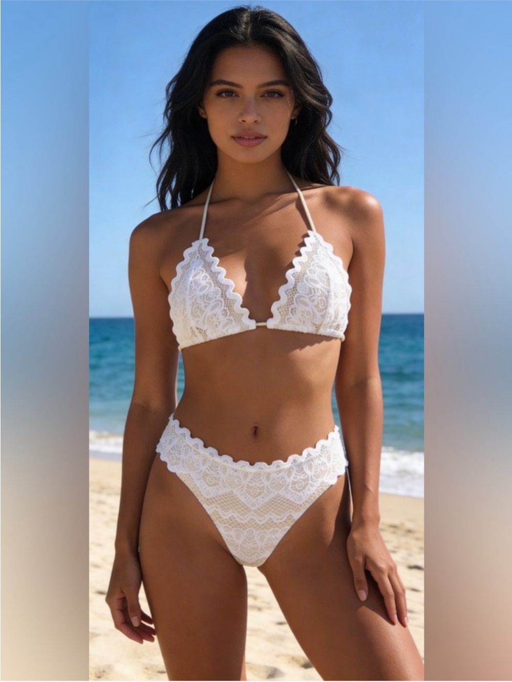 Nightcap “Sierra Lace” dove white tan nude triangle bikini top bottoms XS M L